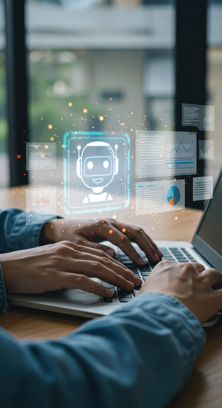 AI-Powered Work: Person Typing on Laptop with Robot Assistant &